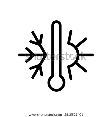 Weather temperature thermometer black line icon with sun and snowflake symbol. Hot and cold weather sign. Climate control balance concept. Editable stroke.