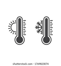 Weather temperature thermometer icon in line style, Thermometer with sunny and freezy isolated on white background, weather business concept, vector illustration
