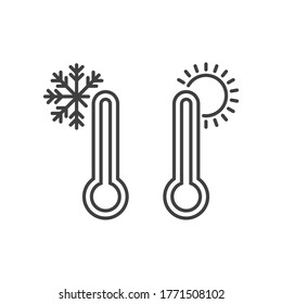 Weather temperature thermometer icon in line style, Thermometer with sunny and freezy isolated on white background. Business weather concept, vector illustration