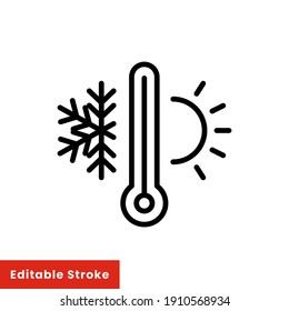 Wetterthermometerlinie Symbol. Umrisszeichen für Web und App. Thermometer mit kaltem und heißem Symbol. Vektorgrafik auf weißem Hintergrund. Bearbeitbarer Strich EPS10