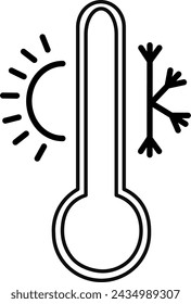 Weather temperature thermometer line icon. Thermometer with sunny and cold weather line vector icon. Replaceable vector design.