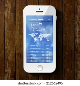 Weather template for computing web and app with white mobile phone and blurred background. Vintage wood texture.  Vector illustration