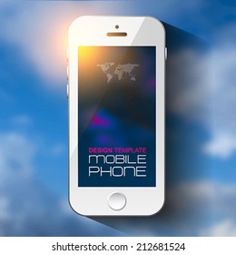 Weather template for computing web and app with white mobile phone and blurred background. Sky texture. Vector illustration.
