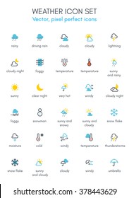 Weather theme color line icon set. Pixel perfect fully editable, colorful vector icon suitable for websites, info graphics and print media.