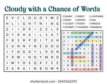 Weather themed word search puzzle with highlighted words and a list of weather options to choose from.