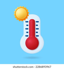 Weather thermometer with hot temperature. 3D sun, forecast graphic element. Realistic render vector heat icon for app, web design, tv show