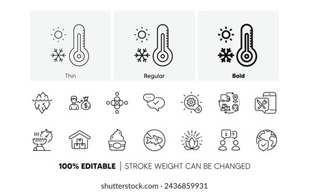 Weather thermometer, Ice cream and Supply chain line icons. Pack of Interview, Grill time, Inclusion icon. World insurance, Lotus, Food app pictogram. Stop fishing, Iceberg, Cogwheel. Vector