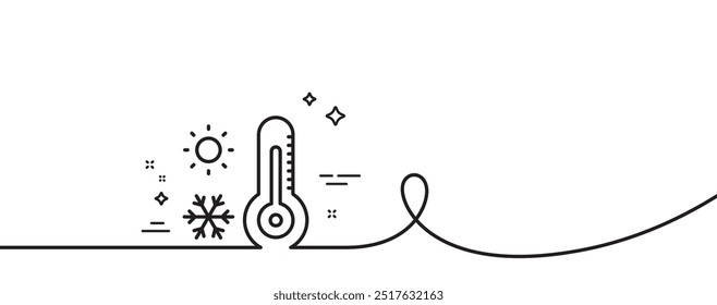 Icono de línea del termómetro de Clima. Línea continua con rizo. Copo de nieve de invierno, signo del sol. Símbolo de temperatura. Cinta de contorno único del termómetro de Clima. Patrón de curva de bucle. Vector