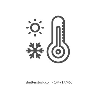 Weather thermometer line icon. Winter snowflake, sun sign. Temperature symbol. Quality design element. Linear style weather thermometer icon. Editable stroke. Vector