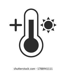 Weather thermometer with sun and plus symbol isolated vector icon. Hot weather, climate change detector.