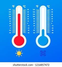 Weather thermometer. Warm and cold temperatures .flat vector illustration