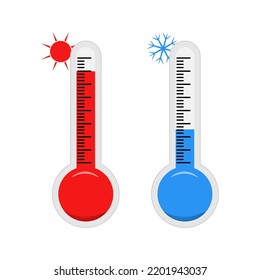 Weather thermometers heat and cold set. Red and blue scale. Measurement of air temperature.