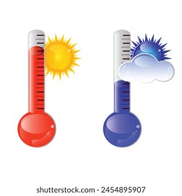 Weather thermometers heat and cold set. Red and blue scale. Measurement of air temperature.Glow vector design.