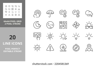 Weather. Thin line icon set. Outline symbol collection. Editable vector stroke. 64 and 256 Pixel Perfect scalable to 128px