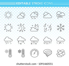 Weather thin line icons set. Outline web sign kit of meteorology. Climate linear icon collection includes sun, rain, storm. Editable stroke without fill. Weather simple vector symbol