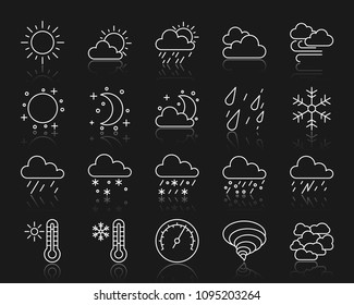 Weather thin line icons set. Outline web sign kit of meteorology. Climate linear icon collection includes barometer, cloud, drizzle. Simple weather symbol with reflection. Vector Illustration