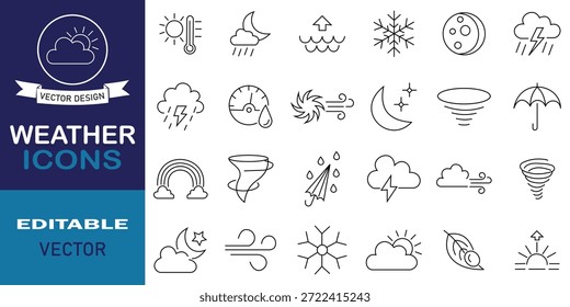 Conjunto de iconos de línea delgada de Clima. Símbolos editables del Vector de nublado, lluvioso, tormenta eléctrica, día soleado, viento, rocío y más concepto. Símbolo de pronóstico de Clima. Ilustración vectorial.