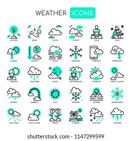 Iconos perfectos para el tiempo, la línea delgada y el píxel