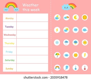 Weather this week. Template for kids. Weather chart. Learning days of week.