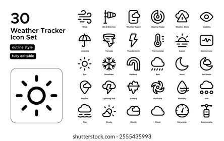 Weather Tracker Line Icon Set: Storm Tracking, Wind Speed, and Rainfall Reports Icons