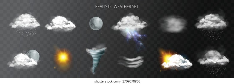 Weather transparent set with rain wind and tornado symbols realistic isolated vector illustration