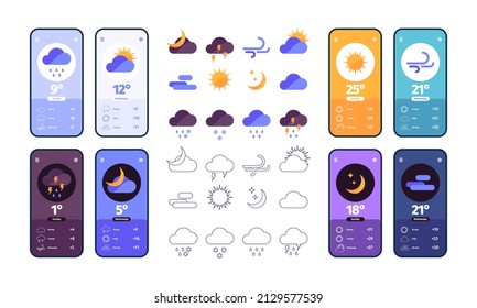 Weather ui app. Smartphone dashboard with system icons sun rain and clouds garish vector illustrations