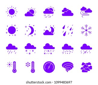 Weather ultraviolet silhouette icons set. Isolated web sign kit of meteorology. Climate purple pictogram collection includes rain, wind, snow. Simple weather symbol. Vector Icon shape for stamp
