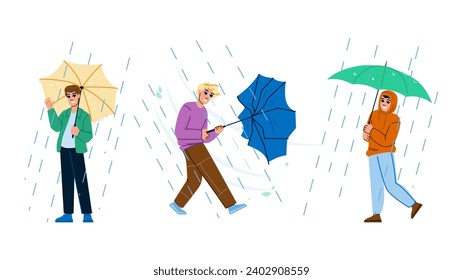 weather umbrella rain man  vector.  y wet, male water, autumn storm weather umbrella rain man character. people flat cartoon illustration