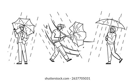 weather umbrella rain man vector. y wet, male water, autumn storm weather umbrella rain man character. people black line pencil drawing illustration
