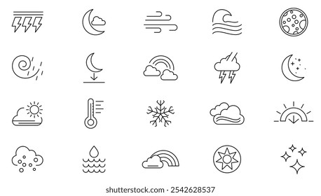 Conjunto de iconos de línea de Clima y Actualizar. Clima, lluvia, copos de nieve, tormenta eléctrica, Actualizar, soleado, nublado, viento, luz del día, noche, temperatura, sol, línea de la luna. Paquete de iconos de línea delgada de interfaz de usuario.