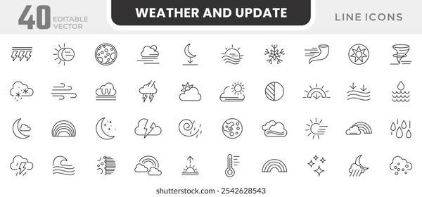 Conjunto de iconos de línea de Clima y Actualizar. Clima, lluvia, copos de nieve, tormenta eléctrica, Actualizar, soleado, nublado, viento, luz del día, noche, temperatura, sol, línea de la luna. Paquete de iconos de línea delgada de interfaz de usuario.