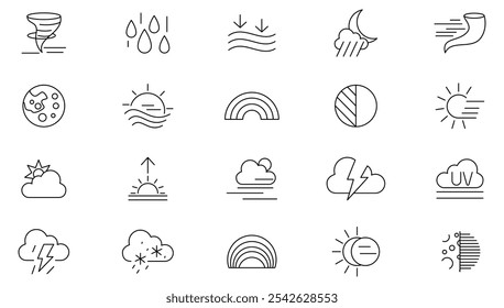 Conjunto de iconos de línea de Clima y Actualizar. Clima, lluvia, copos de nieve, tormenta eléctrica, Actualizar, soleado, nublado, viento, luz del día, noche, temperatura, sol, línea de la luna. Paquete de iconos de línea delgada de interfaz de usuario.