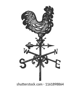 Weather vane rooster engraving vector illustration. Scratch board style imitation. Black and white hand drawn image.