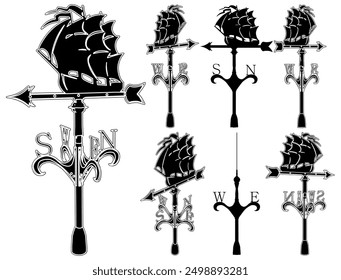 Weather Vane Vector 02. An Illustration Of a Traditional Wind Vane With a Sailing Ship On Top Isolated On A White Background.