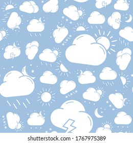 Weather - Vector background (seamless pattern) of silhouettes snow, storm, rain, cloud, sunny, wind and moon for graphic design