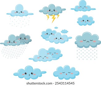 Uma coleção de vetores meteorológicos sobre fundo branco. Um belo clima de emoção. Conjunto de tempo no céu, conjunto de tempo diferente. Ilustração de vetor de desenhos animados