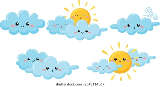 A Weather vector collection on white background. Set of cute emotion weather. Set of weather in the sky, Different weather set. Cartoon Vector illustration