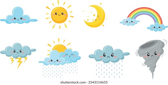 A Weather vector collection on white background. Set of cute emotion weather. Set of weather in the sky, Different weather set. Cartoon Vector illustration