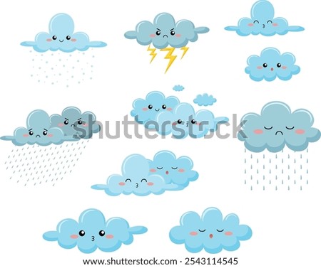 A Weather vector collection on white background. Set of cute emotion weather. Set of weather in the sky, Different weather set. Cartoon Vector illustration