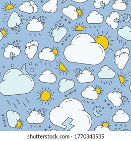 Clima - Fondo de color vectorial (patrón ininterrumpido) de nieve, tormenta, lluvia, nube, soleado, viento y luna para diseño gráfico