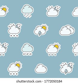 Clima - Fondo de color vectorial (patrón ininterrumpido) de nieve, tormenta, lluvia, nube, soleado, viento y luna para diseño gráfico