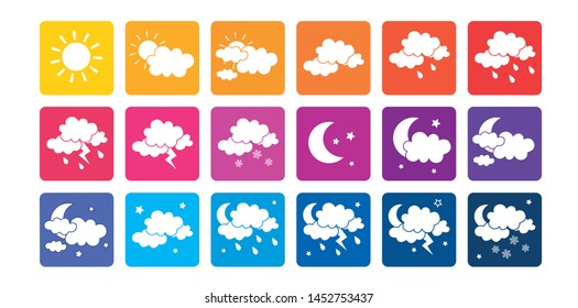 Weather vector colorful icons flat design. Set cartoon cute cloud and sun.