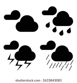 Ícone de vetor de tempo definido. Ícone de vetor de tempo preto definido em fundo branco, estação chuvosa, nublada e tempo trovão. Ilustração vetorial.