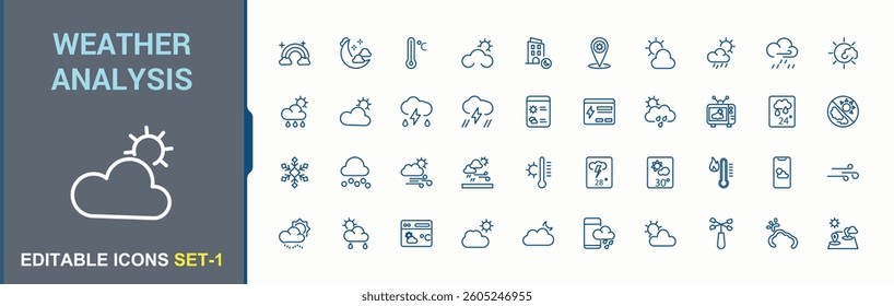 Weather vector icon set. Contains such icons as wind, cloud, climate, season, sunny and more. Icons for UI designs. Nature line icon. Editable vector. Pixel perfect.