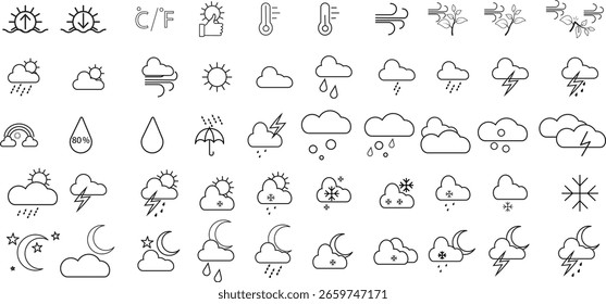 Ícone de vetor de tempo definido. O conjunto contém ícones: Sol, Lua, Nuvem, inverno, Verão, Chuva, Neve, Nevasca, Guarda-chuva, Floco de Neve, Nascer do Sol, Vento. Para Design De Aplicativos E Sites