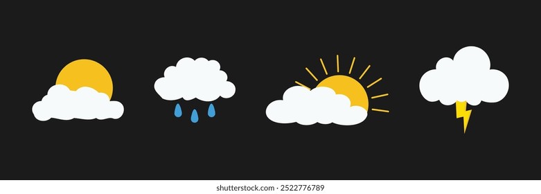 Weather vector icon set. Weather icon isolated on white background. Contains sun, cloud, rain, summer, spring, cloudy season and thunder weather. Climate symbol. Vector illustration