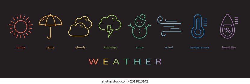 Weather vector icon set. neon color on black background.