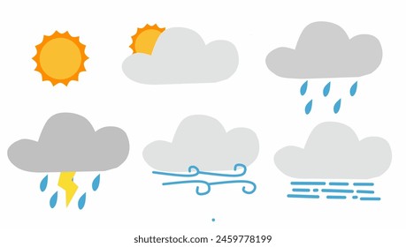 Weather Vector Icon: Sunny, Cloudy, Rainy, Rainy, Lightning and Windy