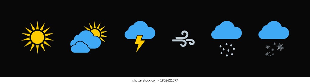 Weather vector icons collection. Weathers icons. Weather forecast sign symbols. Weathers signs in flat design. Vector illustration