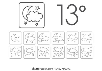 Weather vector icons flat design. Set cartoon cute cloud and moon.